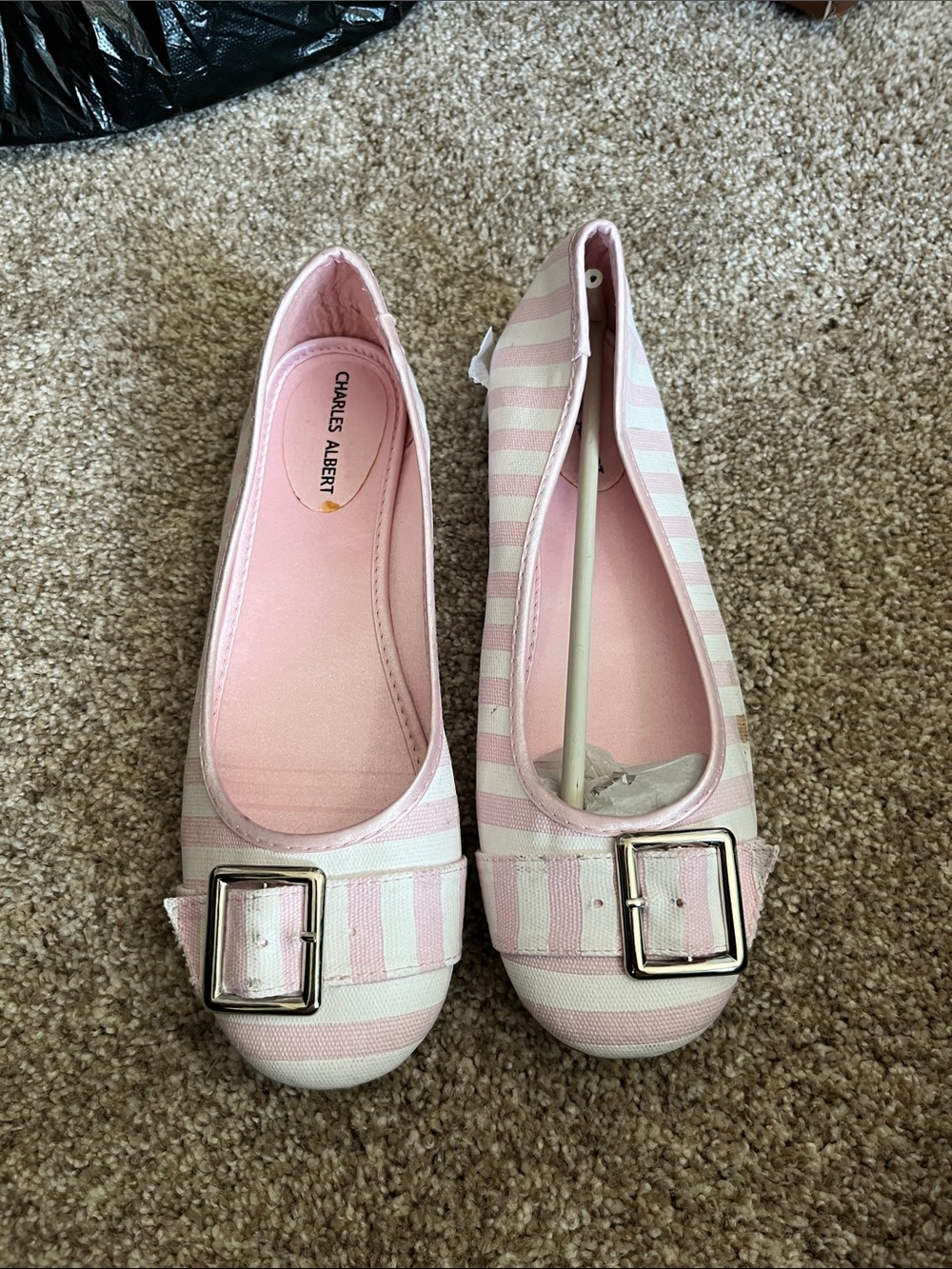 Charles Albert Pink and White Striped Ballet Flats with Silver Buckle